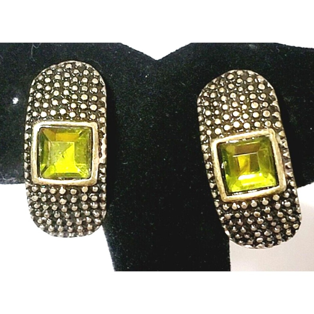 Vintage Textured Bronze-tone & Periwinkle Green Rhinestone Clip-On Earrings